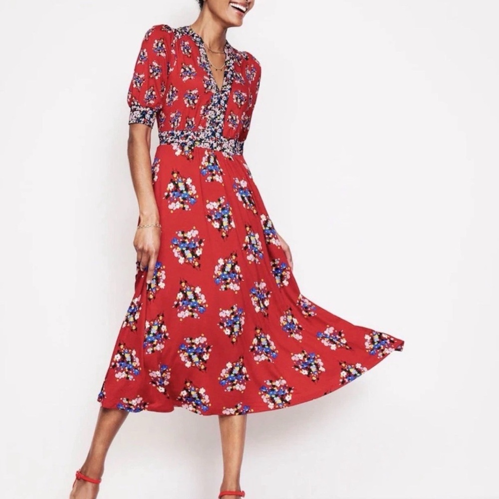 Boden Lily Jersey Tea Dress US 10R NWT Comfortable Red Blue Floral 608